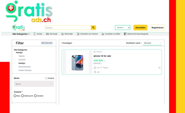 Anzeige auf GratisAds.ch mit Bildern und Backup-Anleitungen zum iPhone verkaufen Schweiz – iPhone 14 wird zum Verkauf angeboten.